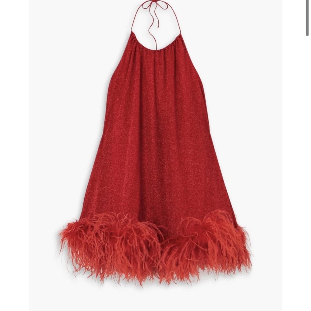 OSÉREE
Lumière feather-trimmed metallic stretch-knit halter dress